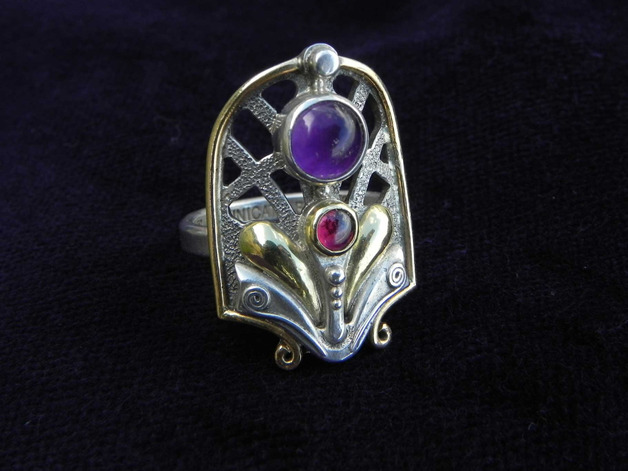 unikatring silber gold amethyst granat designerschmuck blume 