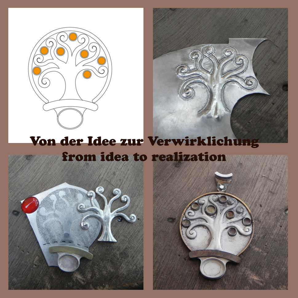 Silberanhänger mit Baum und Karneolen in der Entstehung Silberanhänger mit Baum und Karneolen in der Entstehung
