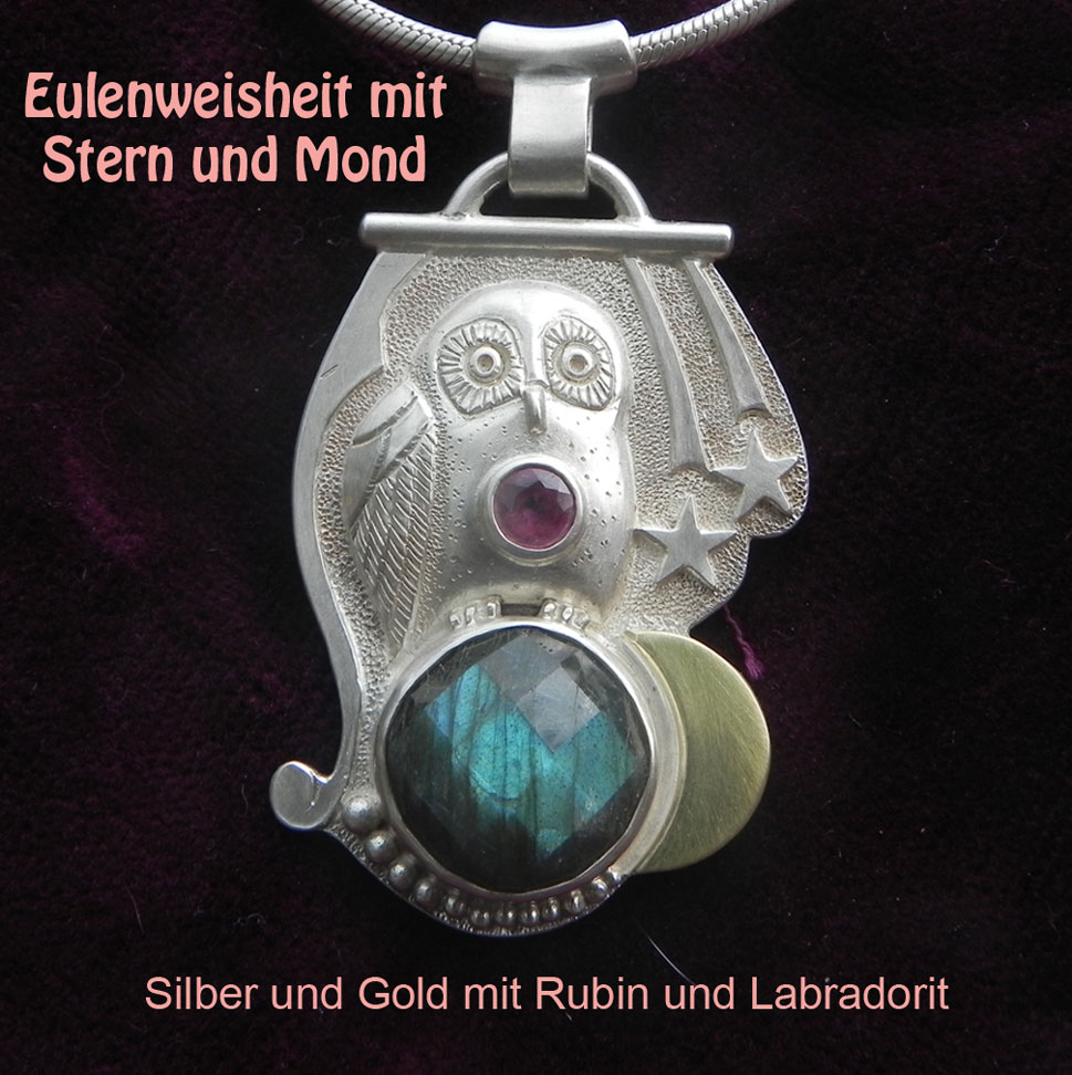 unikatschmuck eule mond silber mit gold labradorit