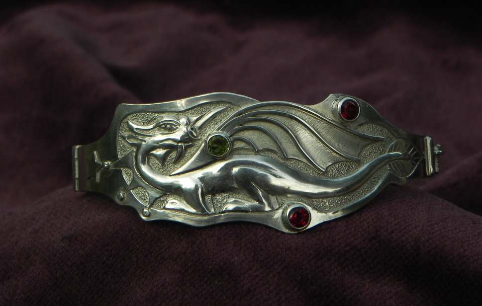 Silver bracelet with Dragon and Gemstones 