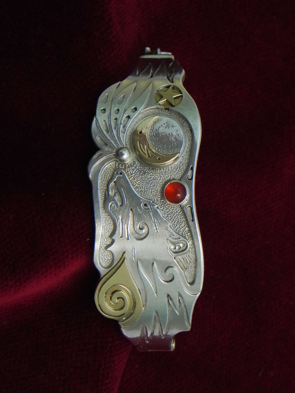 Silver bracelet with howling Wolf and moon