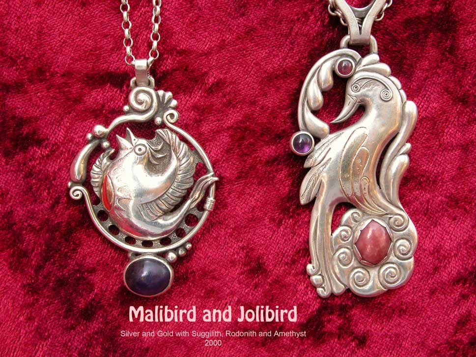 2 Silverpendants with birds and Gemstones